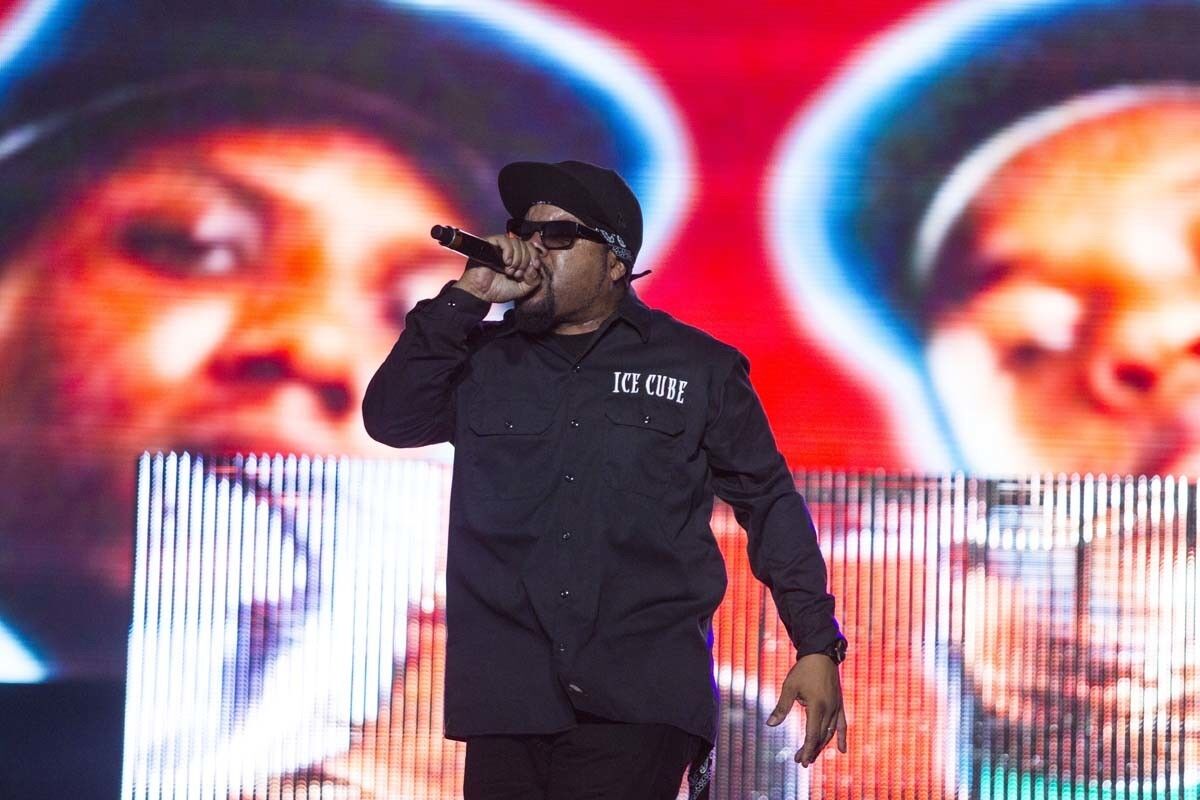 Ice Cube performs on the Sunset Cliffs stage Saturday evening.