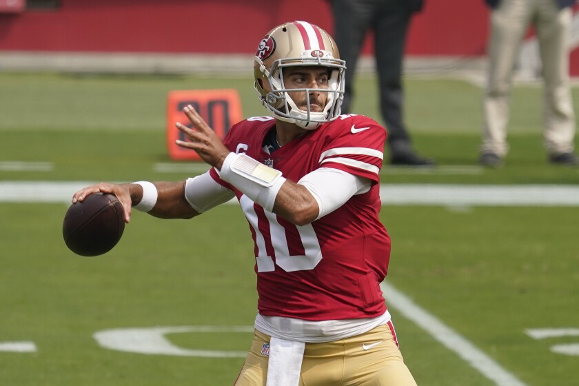 San Francisco 49ers quarterback Jimmy Garoppolo passes against the Arizona Cardinals on Sept. 13.