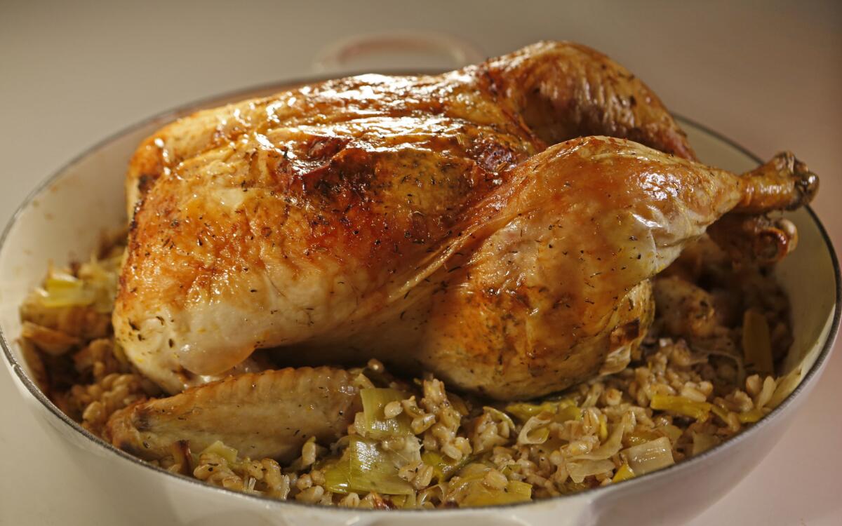 Roasted one-pan chicken with leeks and barley