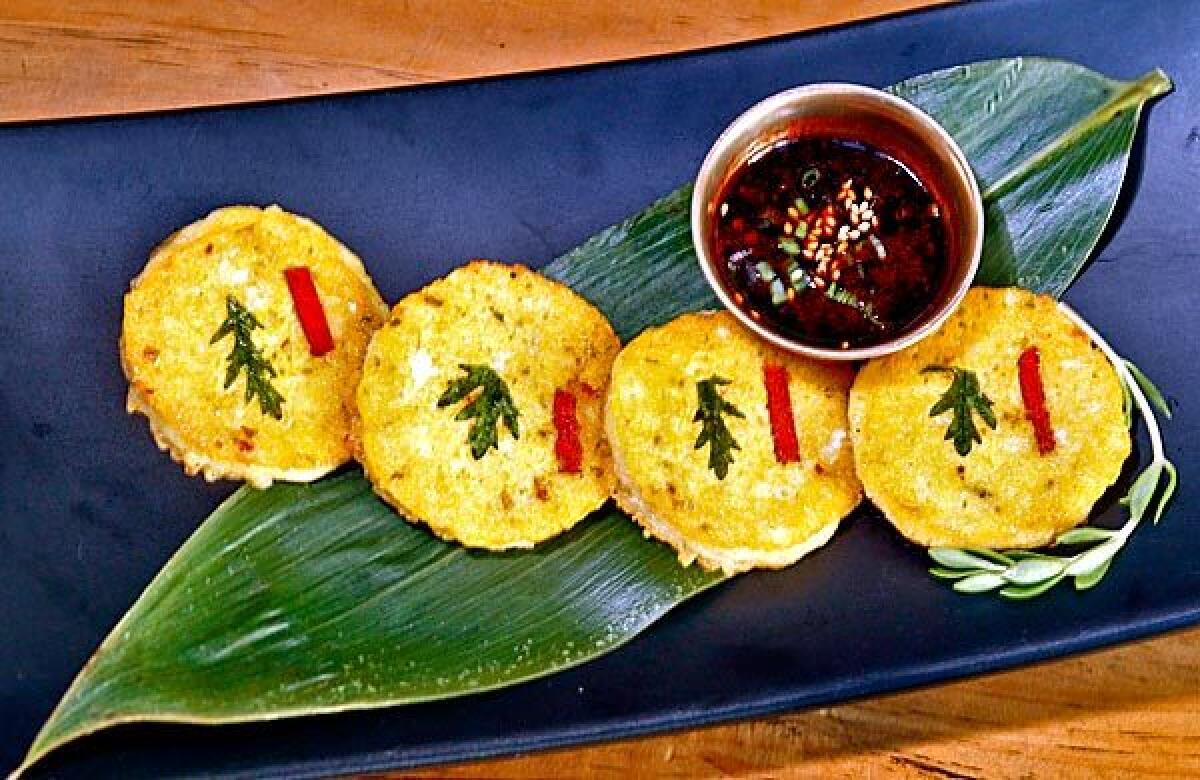 The mini mung bean pancakes, or bin dae duk, have a crepe-like texture.