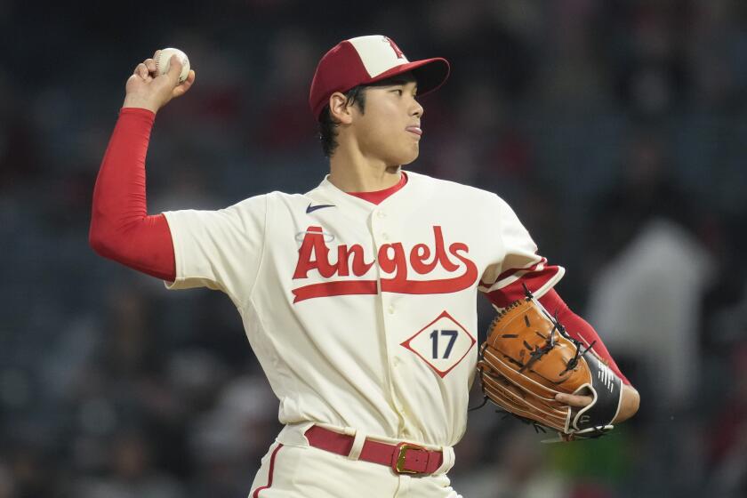 Los Angeles Angels starting pitcher Shohei Ohtani (17) throws during the fifth inning of a baseball game against the Washington Nationals in Anaheim, Calif., Tuesday, April 11, 2023. (AP Photo/Ashley Landis)
