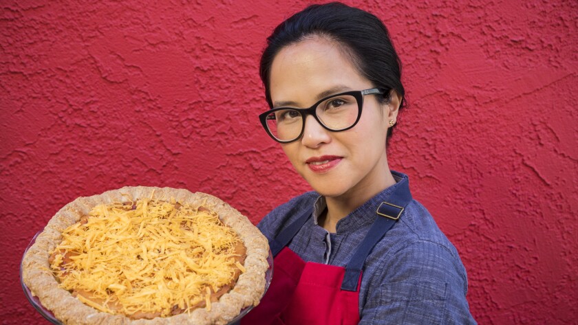 Filipino American pastry chef Isa Fabro and her Royal Bibingka pie.