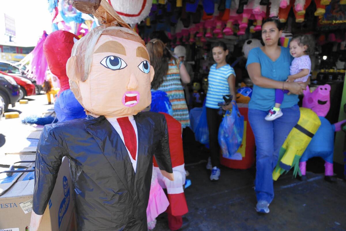 Donald Trump piñatas sell at Tijuana’s Hidalgo Market for $12 to $18, depending on the quality and details.