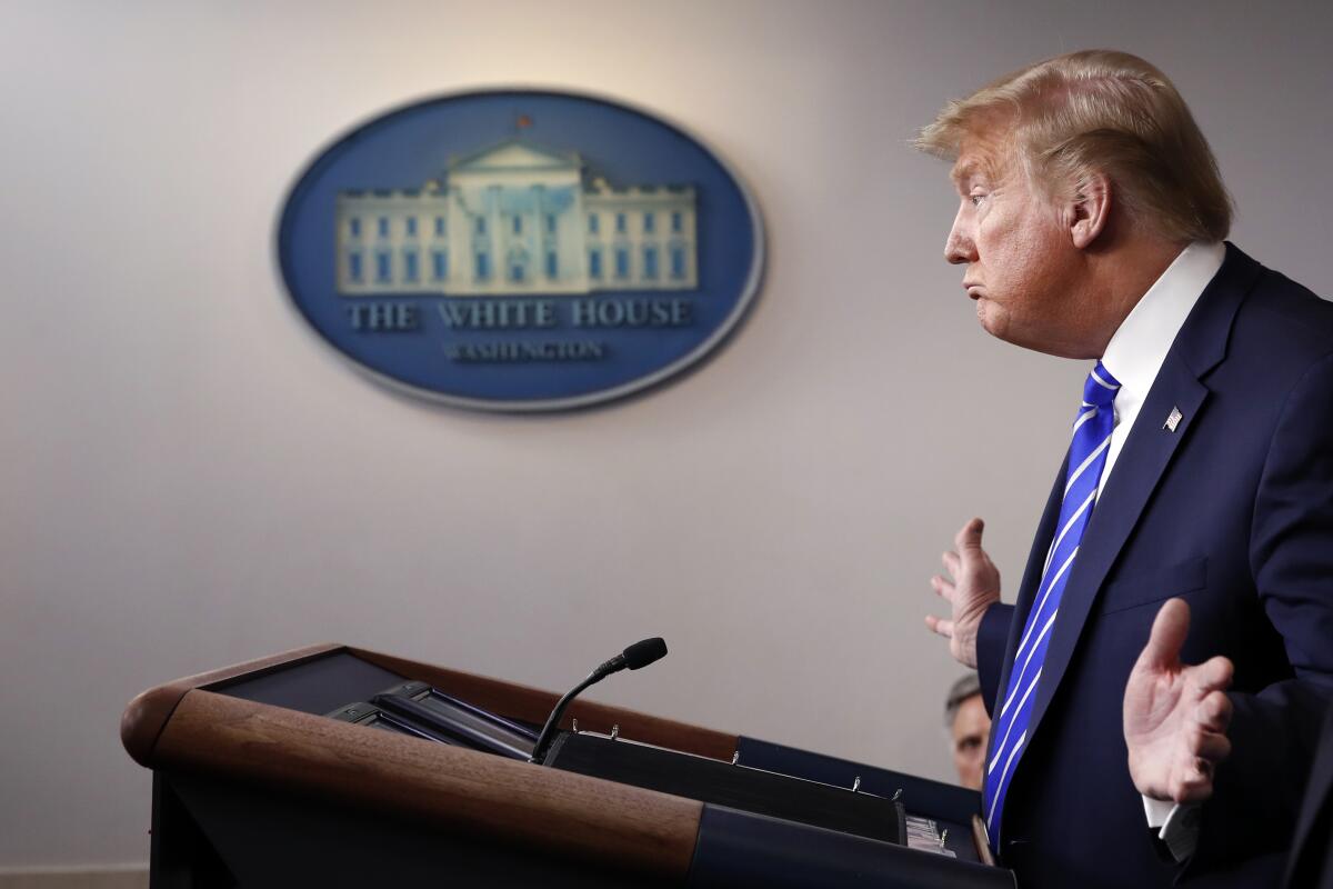 President Trump speaks about the coronavirus in the James Brady Press Briefing Room of the White House.