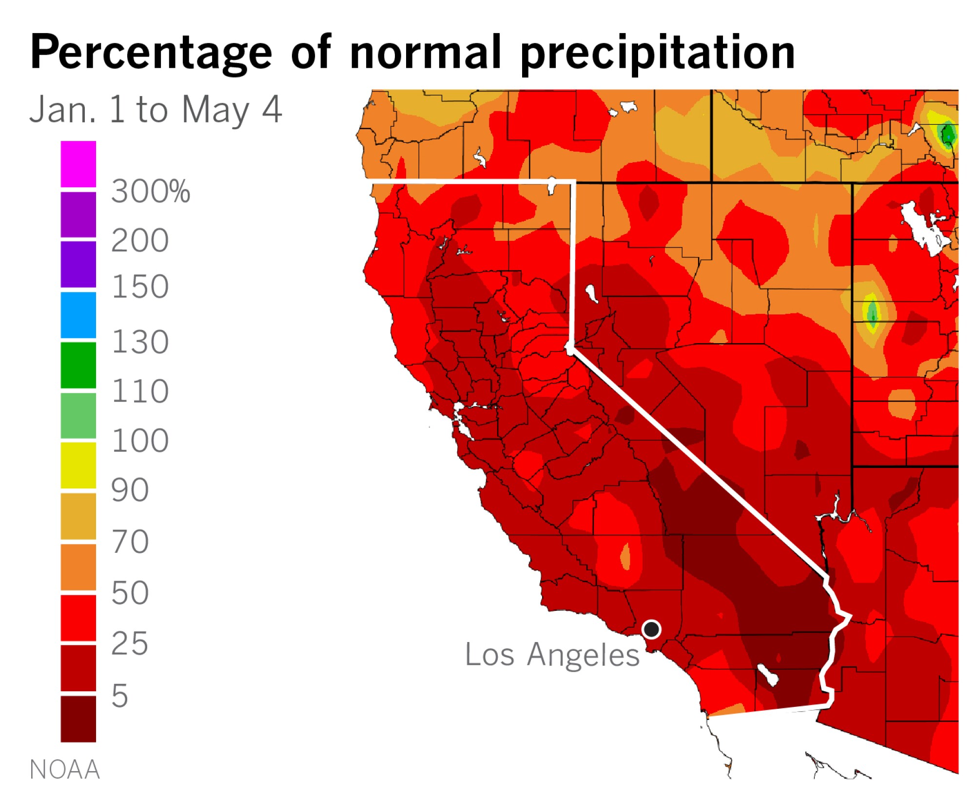 A map showing that most of California has not received even half of its normal precipitation so far this year. 