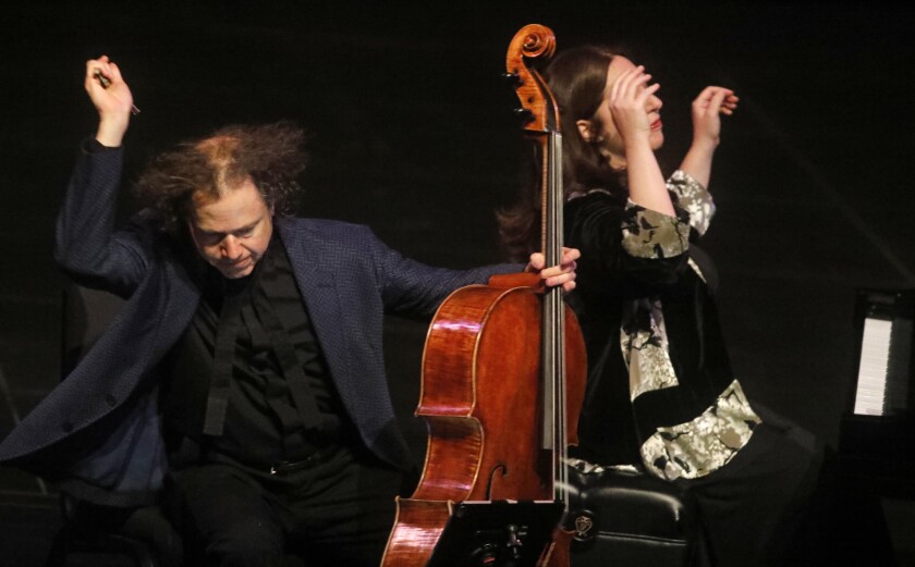 Cellist Matt Haimovitz and pianist Simone Dinnerstein perform Beethoven’s Cello Sonata No. 5 at the Wallis in Beverly Hills on Thursday night.