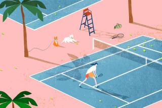 A person with a ponytail plays tennis on a blue court while two cute dogs watch