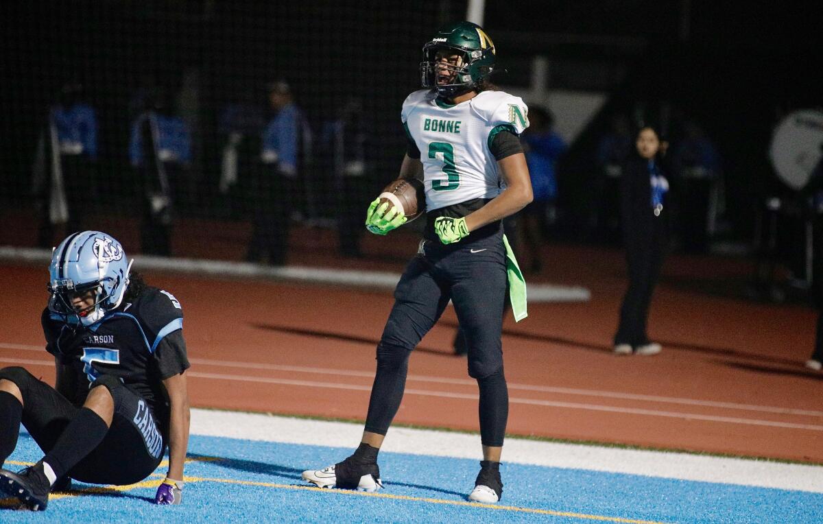 Narbonne wide receiver Allen Blaylock celebrates after making a 25-yard touchdown catch in the second quarter.