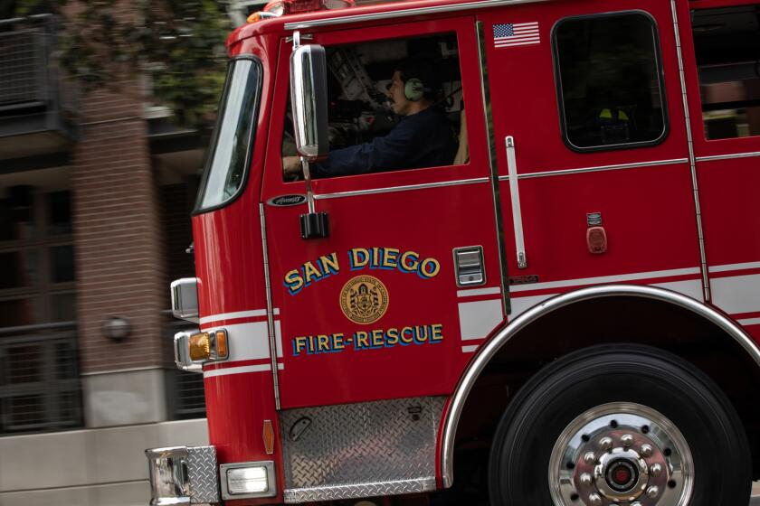 San Diego, California - May 23: Engine 8 responds to a call in downtown on Thursday, May 23, 2024 in San Diego, California. Engine 8 is the city's first roving peak-hour engine.(Ana Ramirez / The San Diego Union-Tribune)