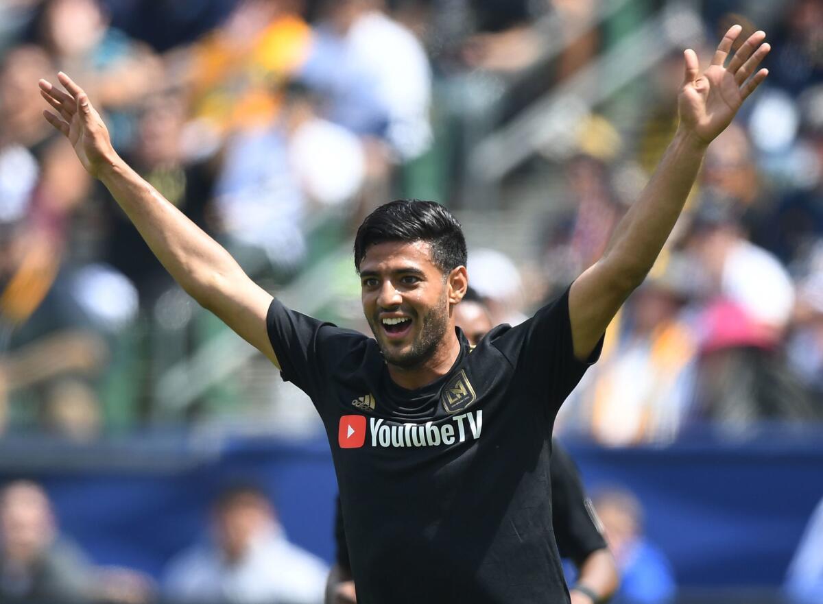 Carlos Vela of LAFC celebrates after scoring against LA Galaxy during their Major League Soccer (MLS) game at the StarHub Center in Los Angeles, California, on March 31, 2018. LA Galaxy went on to win 4-3 with two goals from Ibrahimovic.