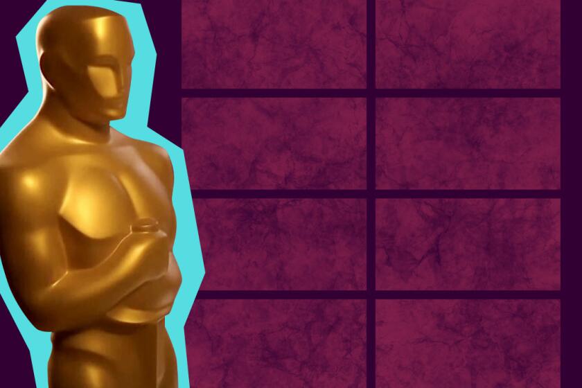 photo illustration of the Oscar statue against a background of eight blank screens