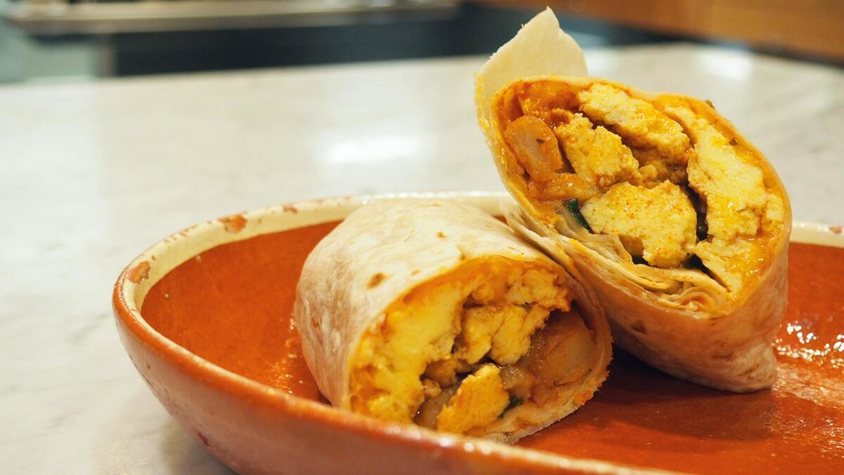 A breakfast burrito from Sunrise Tortilla, a new burrito delivery service that bills itself as a "virtual food truck."