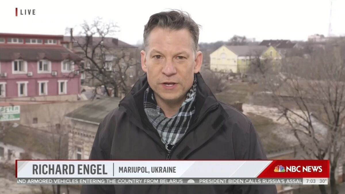 This image taken from video shows NBC News correspondent Richard Engel reporting from the Ukraine on Thursday, Feb. 24, 2022. (NBC News via AP)