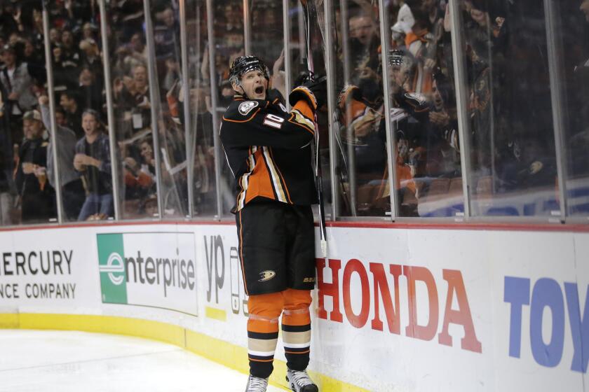 Ducks forward Corey Perry celebrates after scoring a goal against the Flames in the second period to put the Ducks up 2-0. Anaheim beat Calgary, 3-2.