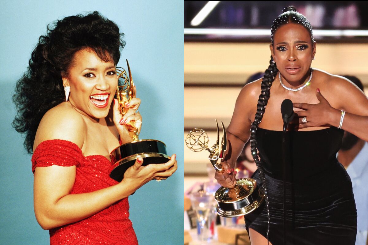 Jackée Harry, left, poses with her Emmy in 1987, and Sheryl Lee Ralph with her award at Monday's ceremony.