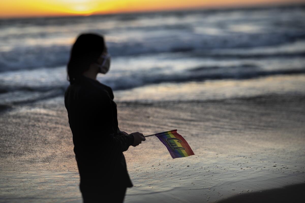 Eliza with a flag on the beach.