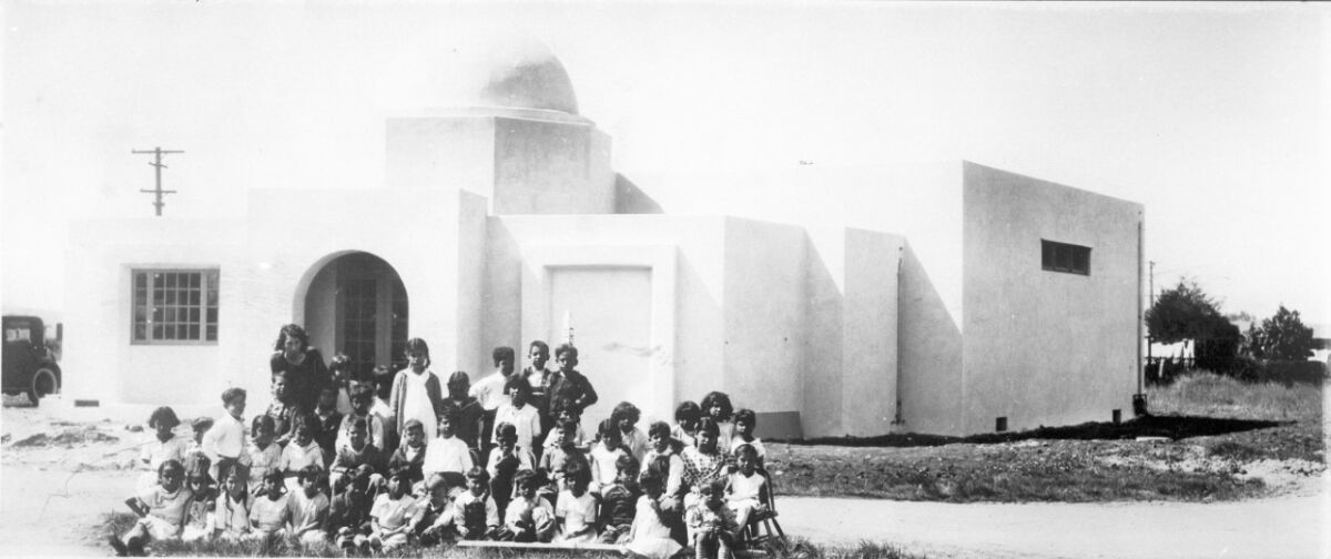 Students gather in front of the Americanization School in Oceanside circa 1931-1934. 