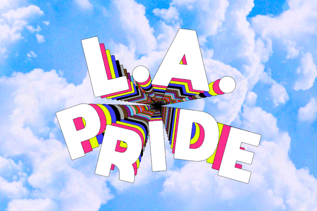 Gif animation of L.A. Pride lettering with cloud background 