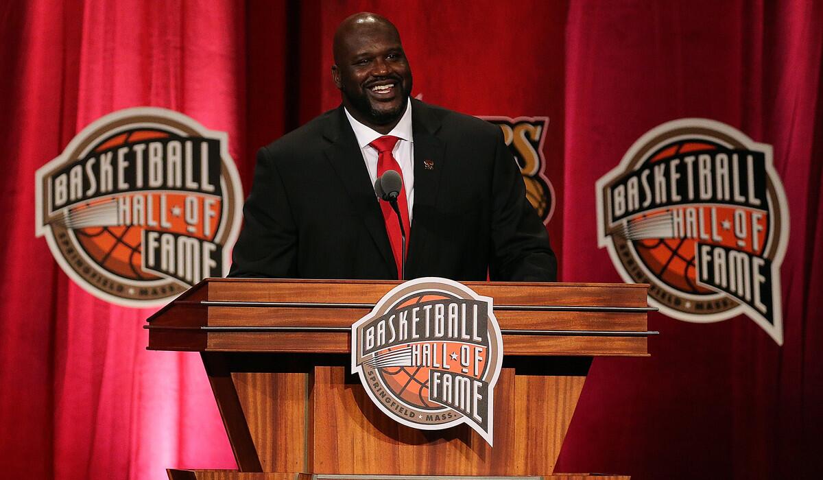 Shaquille O'Neal reacts during the 2016 Basketball Hall of Fame Enshrinement Ceremony at Symphony Hall Friday.