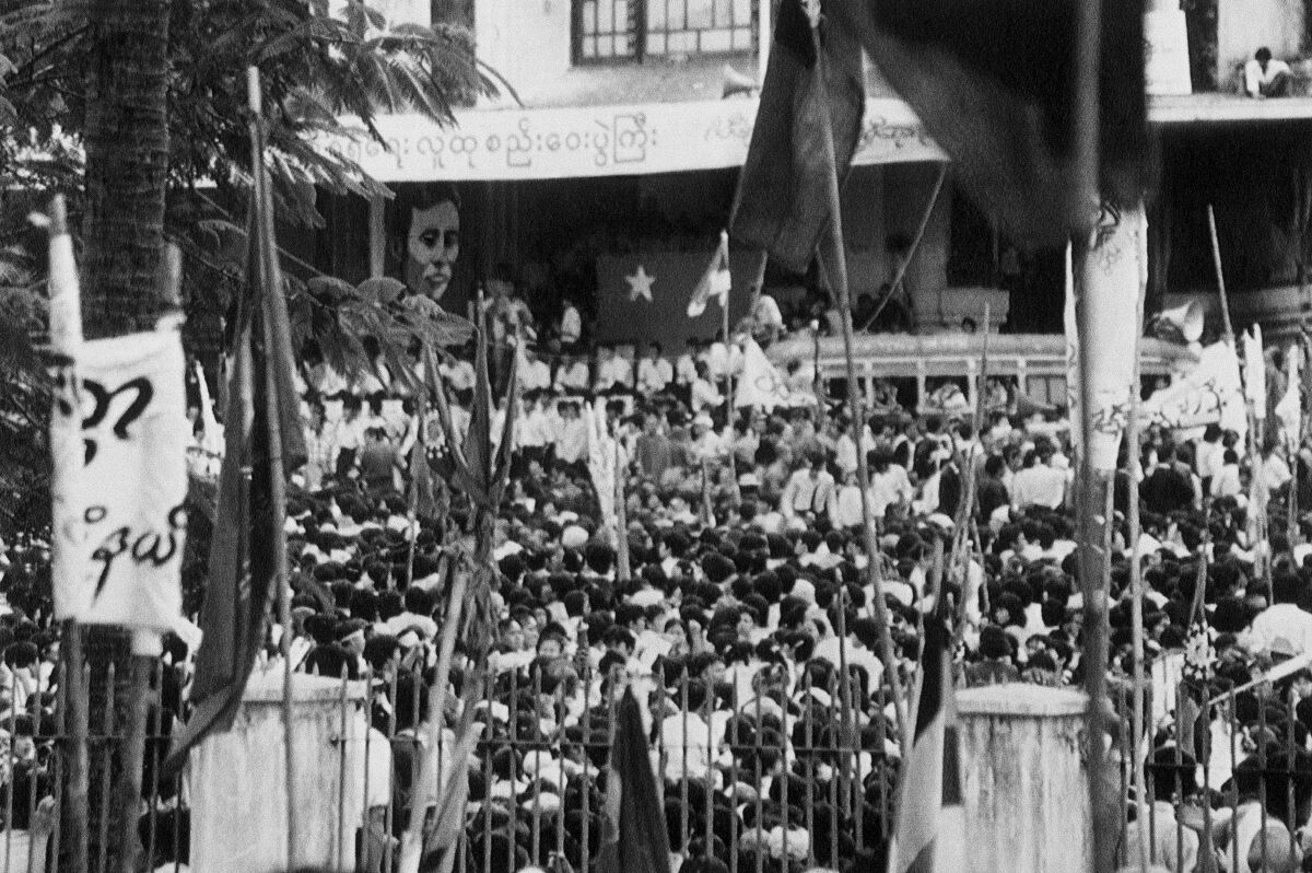 People gather to hear Aung San Suu Kyi speak in 1988 in Yangon, then known as Rangoon.