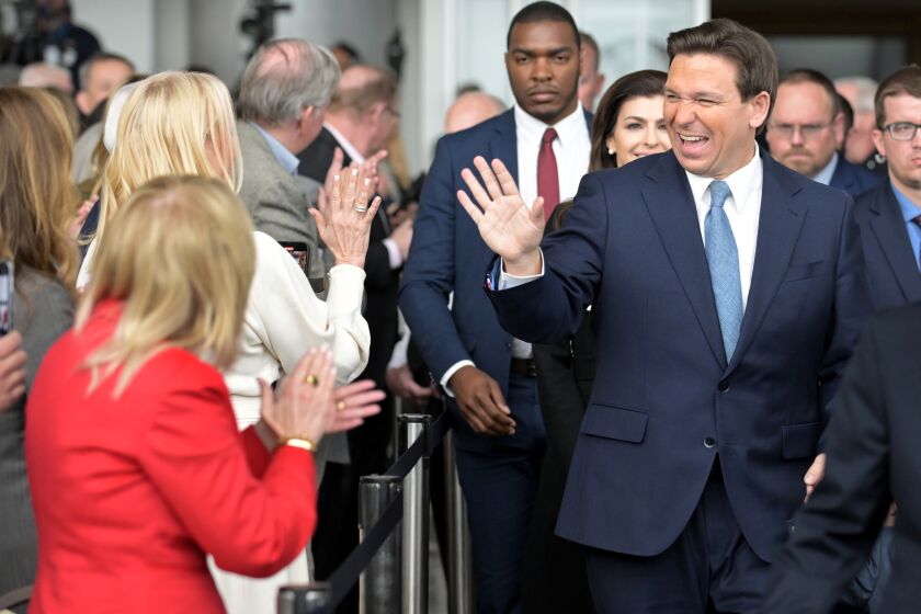 Simi Valley, California March 5, 2023-Florida Governor Ron DeSantis greets donors before speaking at the Ronald Reagan Library Sunday in Simi Valley. (Wally Skalij/(Los Angeles Times)