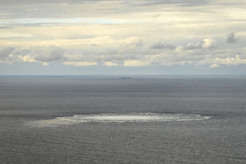 In this photo provided by the Armed Forces of Denmark, a view the disturbance in the water above the gas leak, in the Baltic Sea, Thursday, Sept. 29, 2022. Following the suspected sabotage this week of the Nord Stream 1 and 2 pipelines that carry Russian natural gas to Europe, there were two leaks off Sweden, including a large one above North Stream 1, and a smaller one above North Stream 2. (Rune Dyrholm/Armed Forces of Denmark via AP)