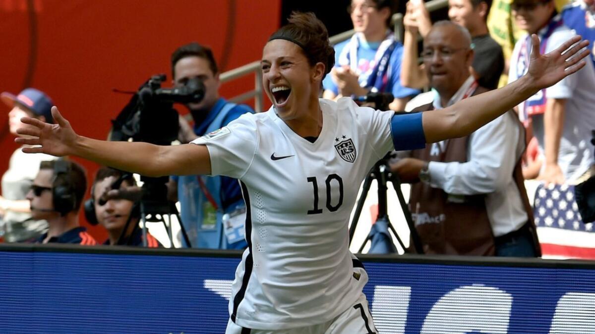 Carli Lloyd of the U.S. celebrates after scoring against Japan during the 2015 Women's World Cup final in Vancouver, Canada.