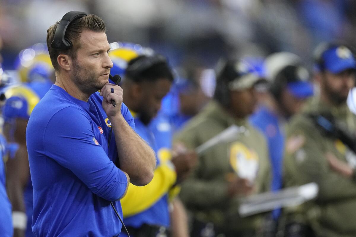 Rams coach Sean McVay watches from the sideline during the second half of a 27-17 loss.