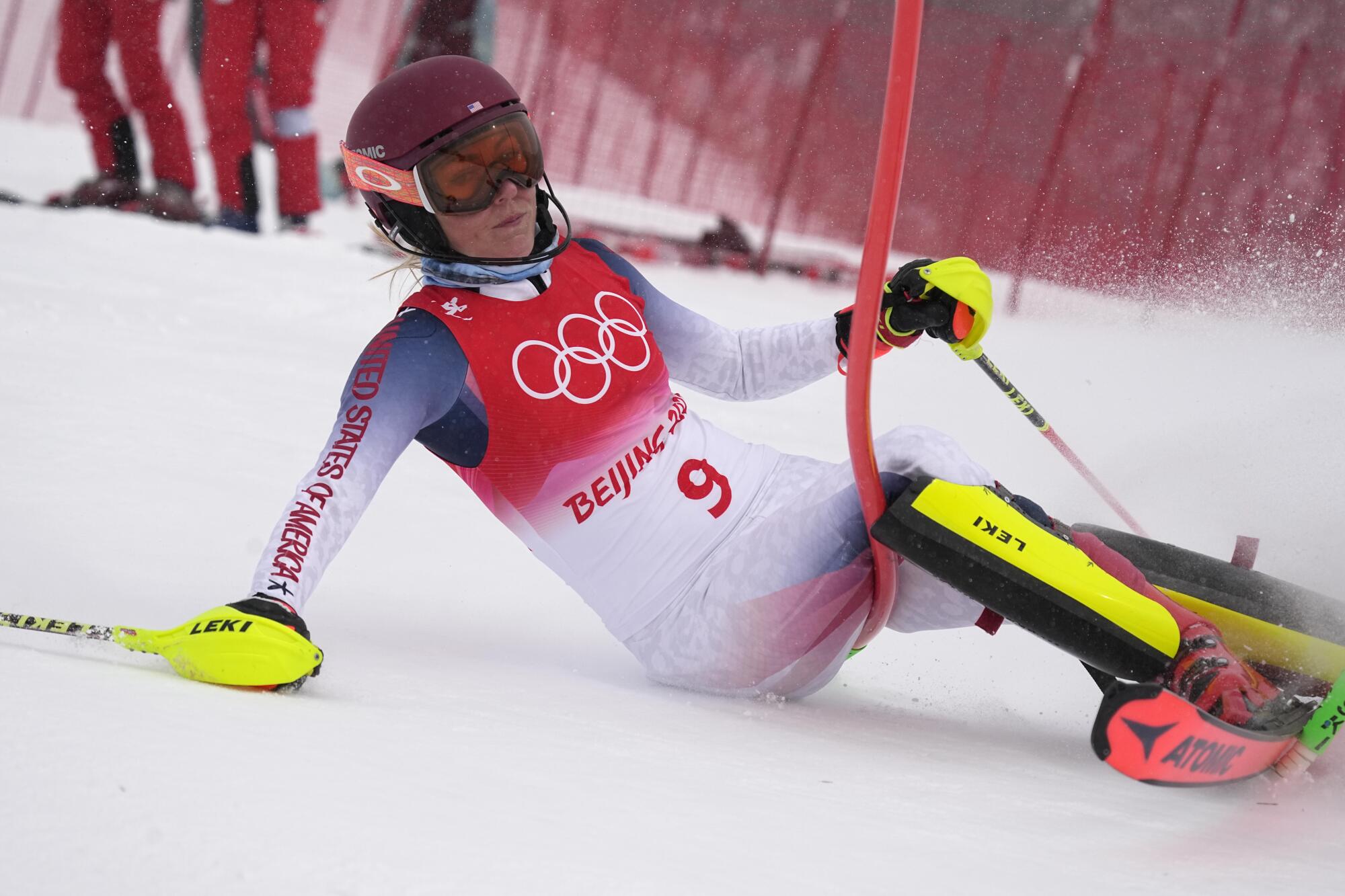 Mikaela Shiffrin of the U.S. crashes out during the women's combined slalom Thursday at the 2022 Winter Olympics.