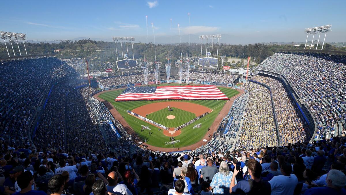 Fireworks soar before the Dodgers' opening day game on Thursday.
