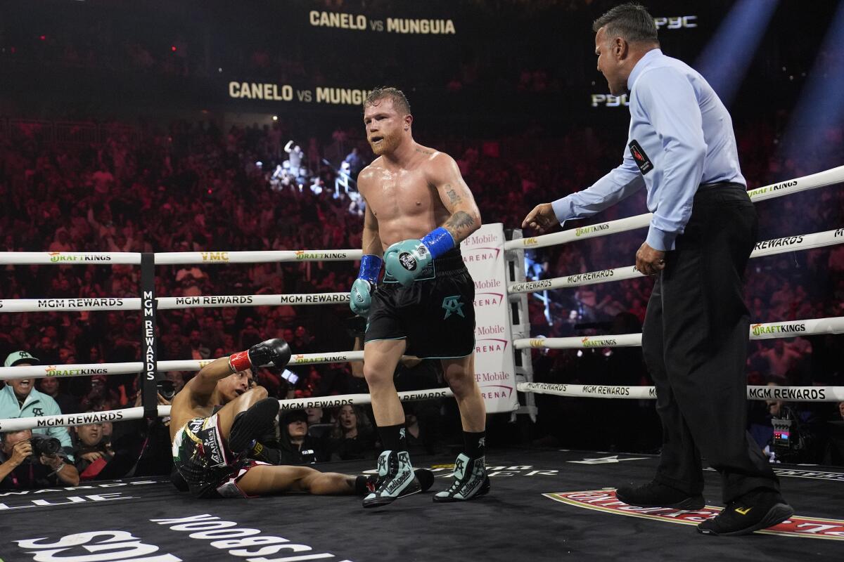 Canelo Álvarez walks away during his win over Jaime Munguía on May 4 in Las Vegas.