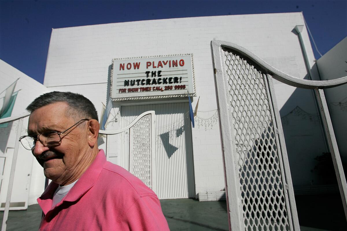 A 2008 photo shows Bob Baker in front of the Bob Baker Marionette Theater near downtown Los Angeles.