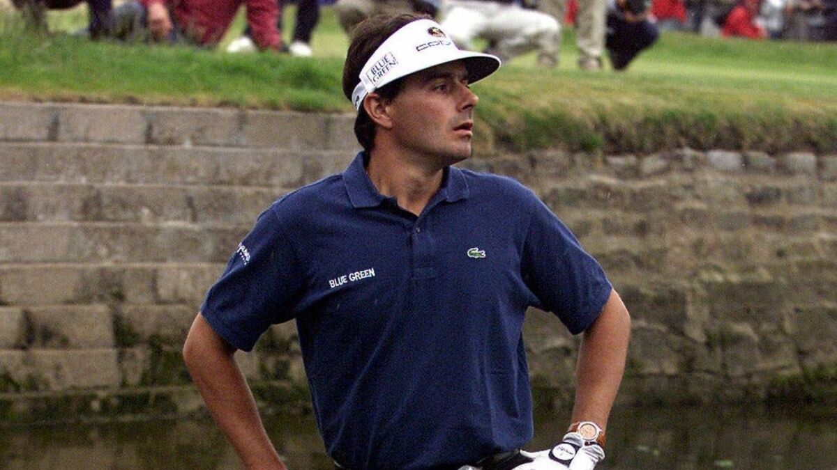 Jean Van de Velde looks on at the 72nd hole during the 1999 British Open at Carnoustie in Scotland.