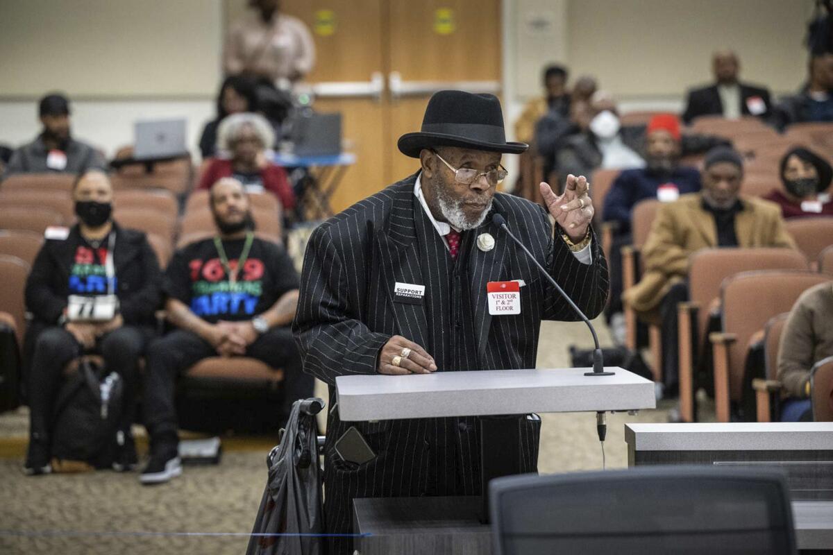 Bishop Henry C. Williams testifies before the California Reparations Task Force in Sacramento in March.