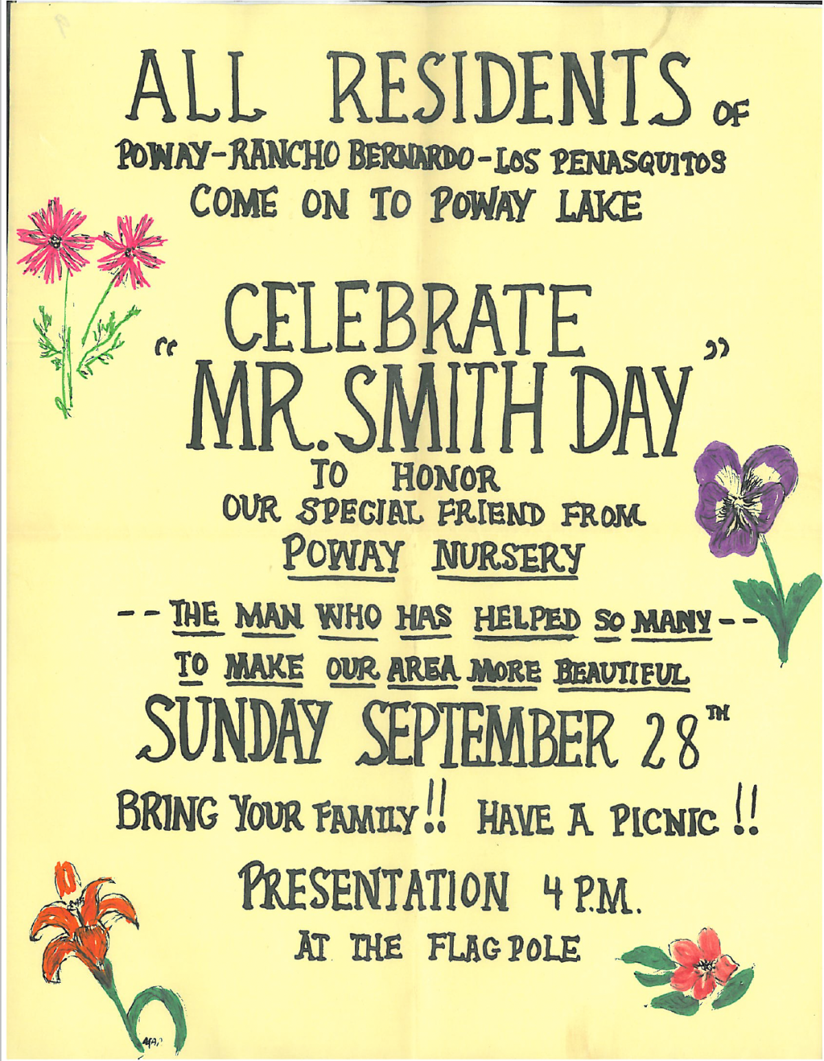 In the fall of 1975, a big crowd gathered at Lake Poway to honor Lawrence Smith, known as Mr. Smith. 