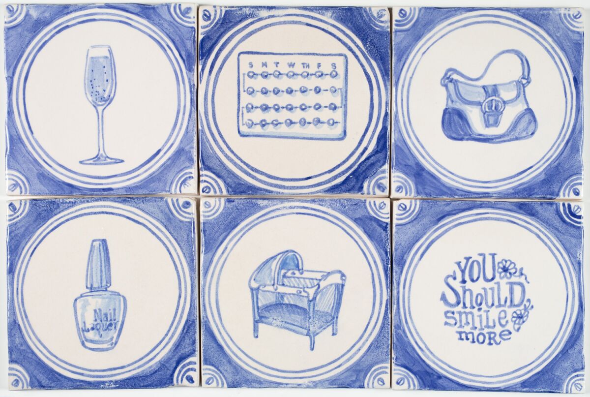 Ceramic tiles by Elyse Pignolet wryly tackle themes connected with women — part of the artist's solo show "You Should Calm Down" at Track 16 gallery, on view from Sept. 7, 2019 to Nov. 2, 2019.