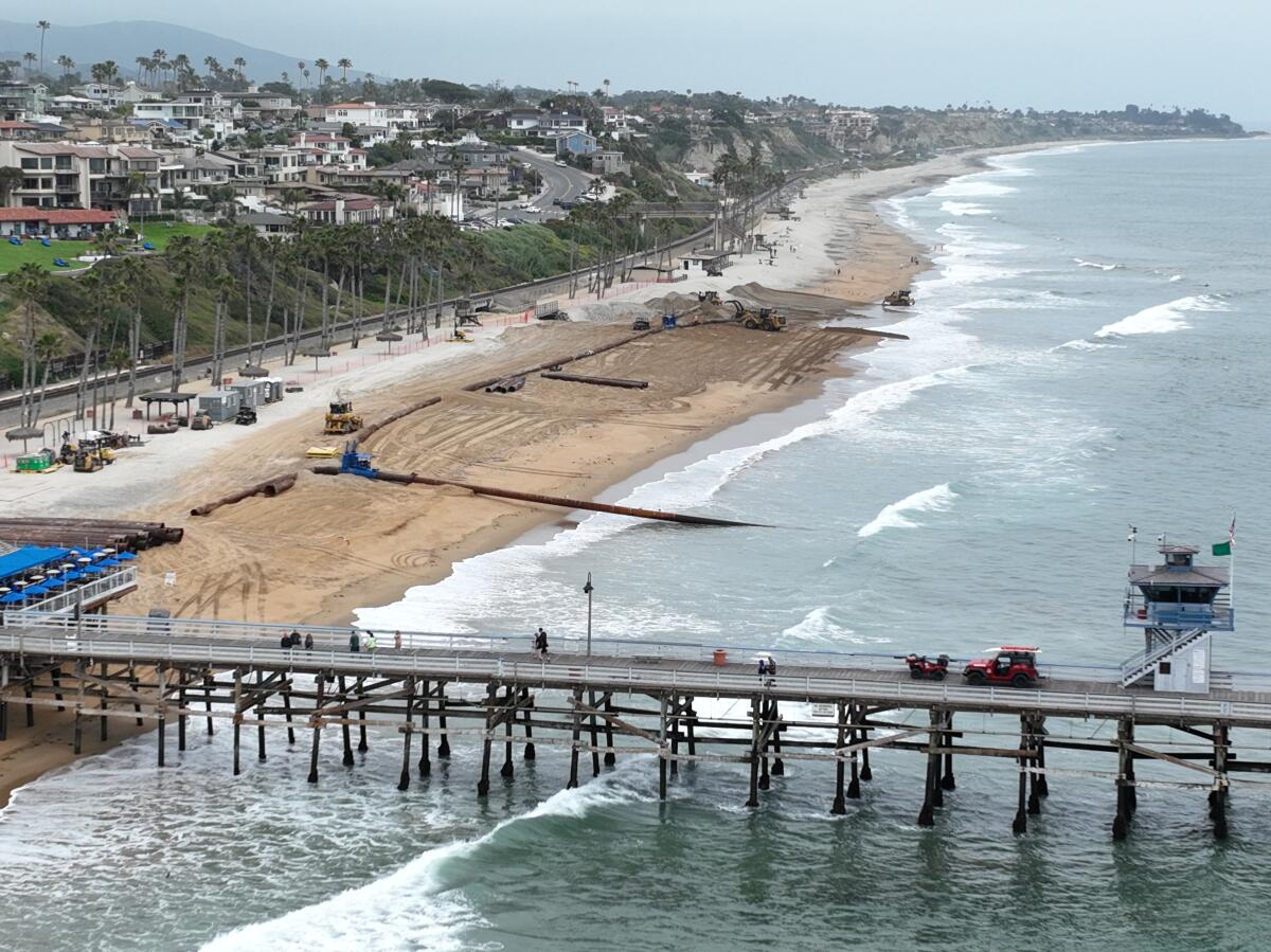 Aerial view of San Clemente pier and beach.