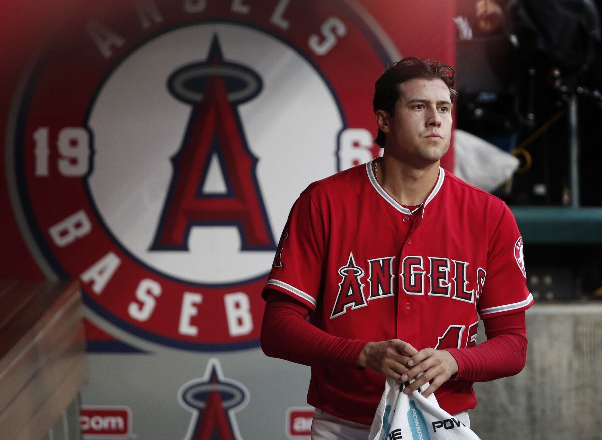 Los Angeles Angels starting pitcher Tyler Skaggs towels off before a game against the Minnesota Twins at Angel Stadium on May 11, 2018 in Anaheim, California.