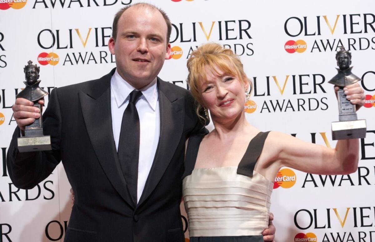 Rory Kinnear and Lesley Manville with their Olivier Awards on Sunday at the ceremony at London's Royal Opera House.