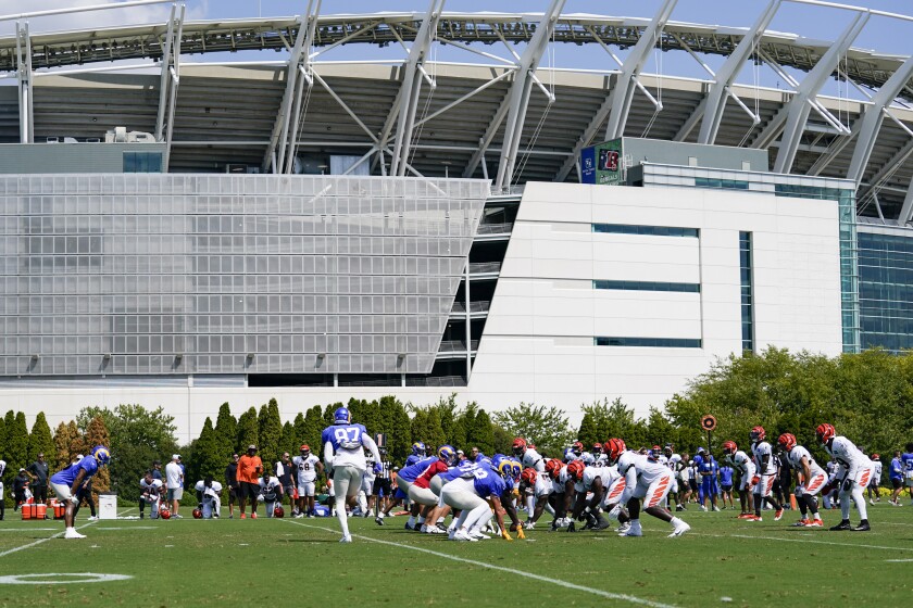 The Bengals and Rams participate in a joint practice outside the AFC champions' stadium in Cincinnati.