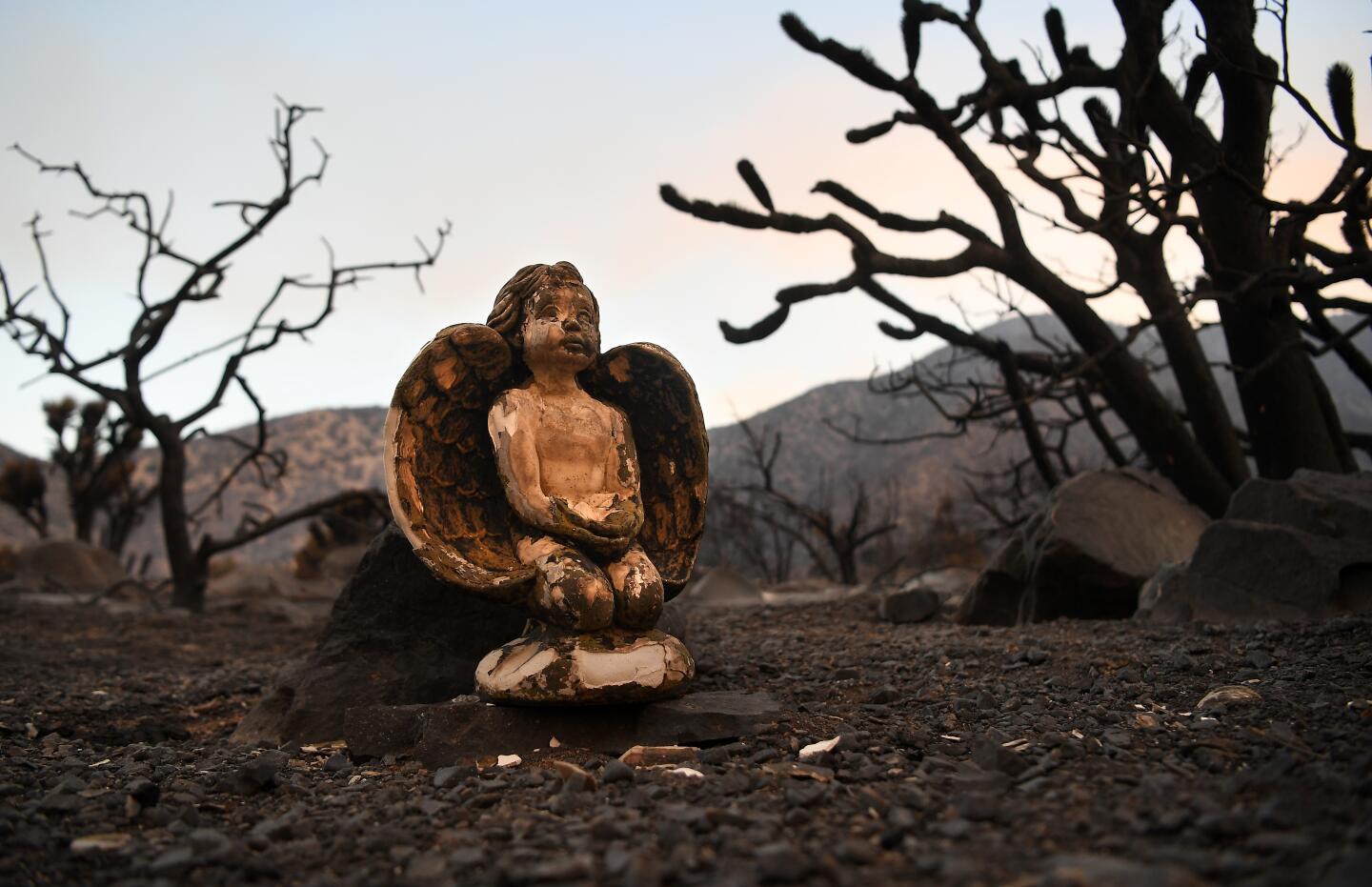 A fire-damaged angel statue in Juniper Hills