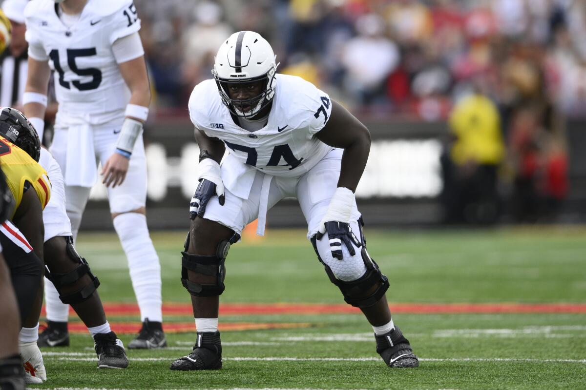 Penn State offensive lineman Olumuyiwa Fashanu (74) in action against Maryland.