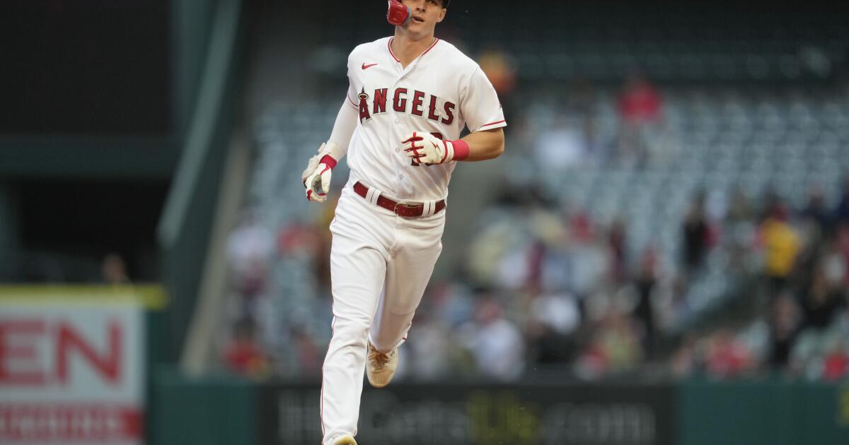 Mickey Moniak of the Los Angeles Angels celebrates as he rounds the bases  after hitting a