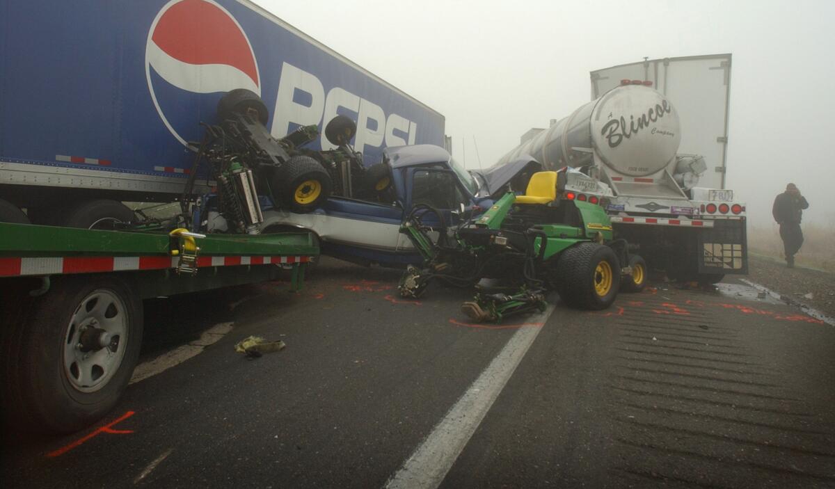 This collision involving six semi trucks was blamed on extremely dense fog on Highway 99 south of Merced, Calif., in 2002.