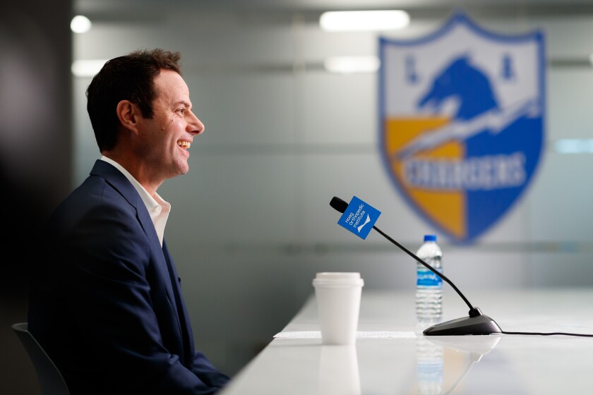 New Chargers coach Brandon Staley answers questions during his introductory news conference on Thursday.