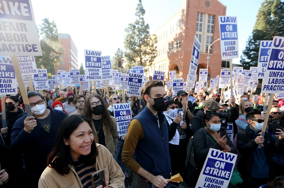 Striking academic workers and faculty gather on the UCLA campus in December