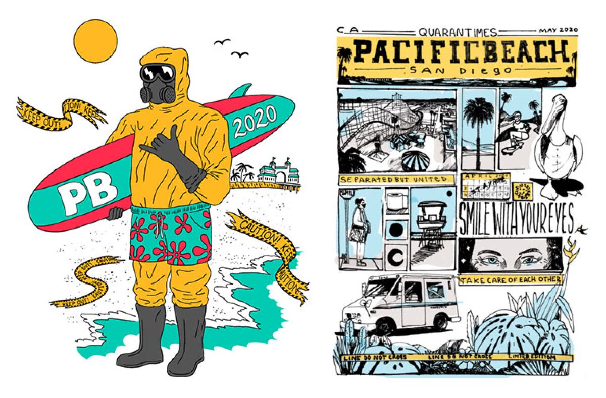 Charlie Nieto's hazmat surfer (left) and Victor Garcia's "QuaranTimes” are featured on shirts the Pacific Beach Town Council is selling.