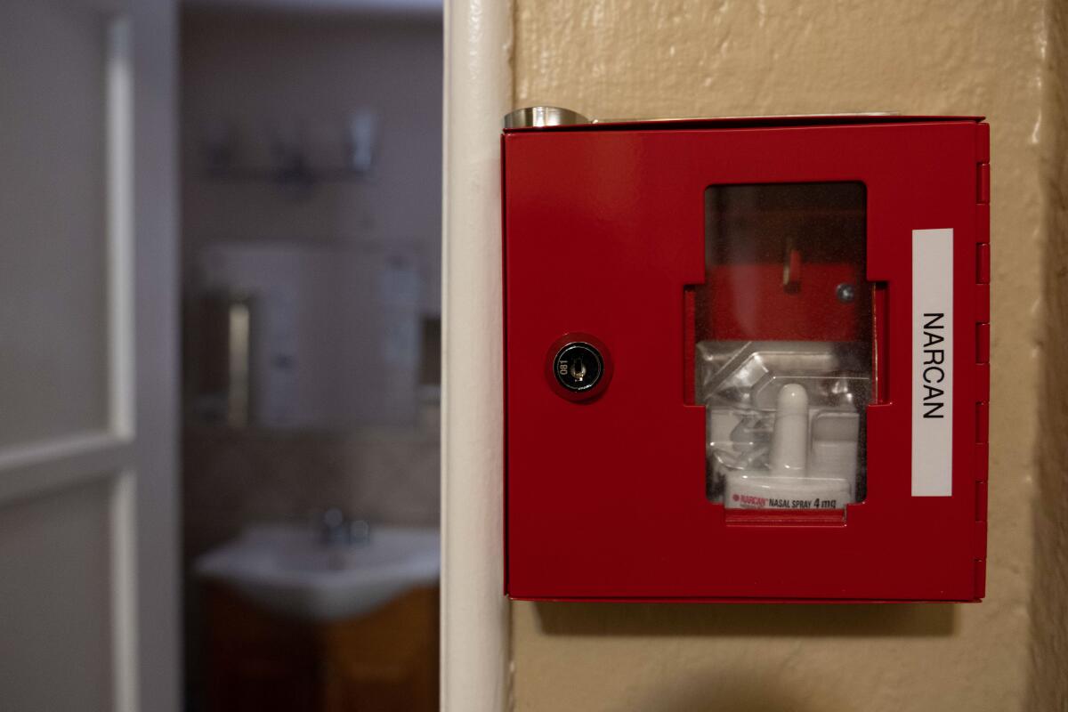 Narcan is stored in emergency boxes throughout a residential drug treatment program in San Pedro.