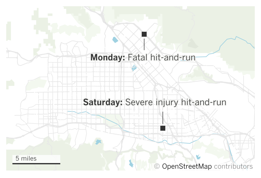 Map of two hit-and-run crashes.