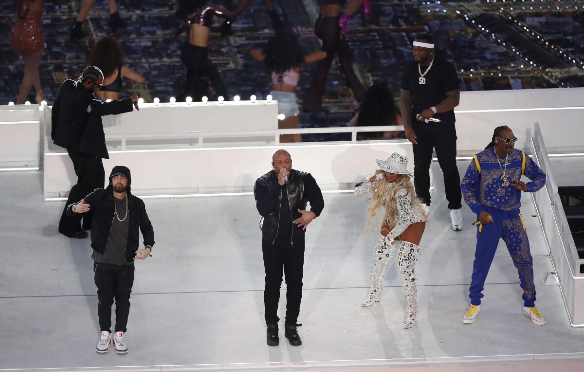 Eminem, Kendrick Lamar, Dr. Dre, Mary J. Blige, 50 Cent and Snoop Dogg perform during halftime at Super Bowl LVI on Sunday.